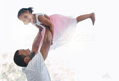 Buy stock photo Family, dad and ballet girl happy and joyful with parent holding her in air for play time together. Trust, love and respect in childhood bond with young daughter and caring black father.