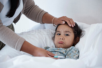 Buy stock photo Sick baby in bed with mother hands for child care, support and love. Sad girl at home in winter with a fever, cold or flu and parent, mom or woman help and check temperature with hand on forehead