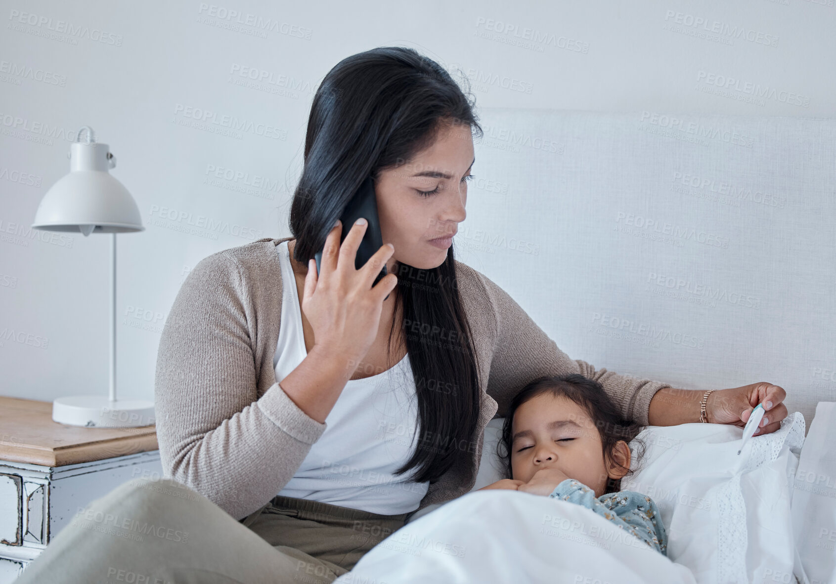 Buy stock photo Woman make phone call, sick child in bed sleeping with covid or virus in home. Mom fear for kid healthcare, contact doctor or pediatrician with smartphone for medical advice or medicine to help girl