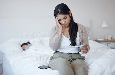 Buy stock photo Woman, covid and thermometer on bed with headache in concern, doubt and stress for illness at home. Depressed, worried and sick female checking temperature or fever in mental health issues in bedroom