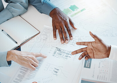 Buy stock photo Architecture data, engineer paperwork or building design information of a office team working. Teamwork collaboration of an industrial design illustration with engineering employee group planning 