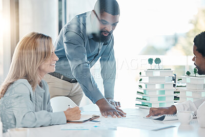Buy stock photo Architect, building engineer and meeting with 3d model design in real estate business, construction or property company. Black men or architecture woman in teamwork collaboration with blueprint paper