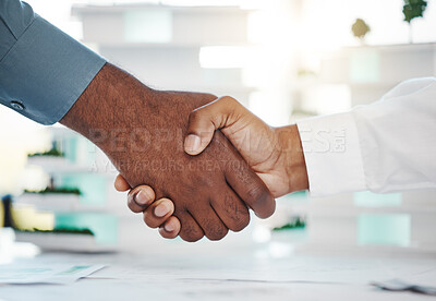 Buy stock photo Management shaking hands, business meeting and consulting, hiring and agreement for deal, partnership and collaboration in office. Teamwork welcome handshake, promotion opportunity and welcome hello
