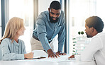 Teamwork, planning and coaching with a business man talking to his team in a meeting for strategy and development. Collaboration, workshop and training with staff working together on a group project