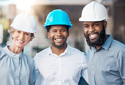 Buy stock photo Architect portrait, work diversity and construction workers working on building project together, happy with architecture and industrial team in the city. Engineer group with smile for design job