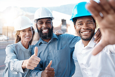 Buy stock photo Happy, construction site and team selfie with the thumbs up gesture while building, planning and engineering. Architecture, smile and group of architects approve the safety of a development project 