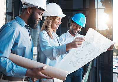 Buy stock photo Architecture, construction building with an architect, engineer and designer working as a team and reading a blueprint. Teamwork, collaboration and development with a group of creative staff 