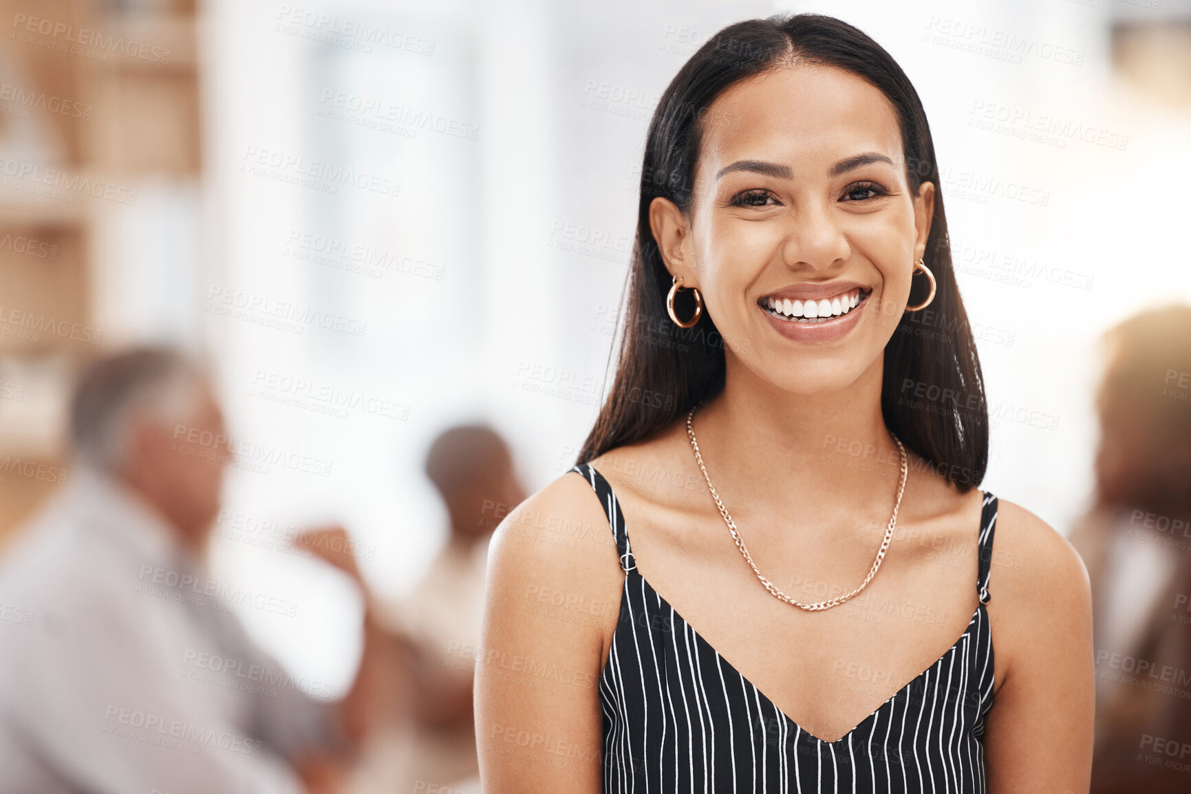 Buy stock photo Happy, smiling and a portrait of woman at work and coworkers in blurred background. Success, pride and confidence, businesswoman with smile in office. Leadership, management and empowerment of women.