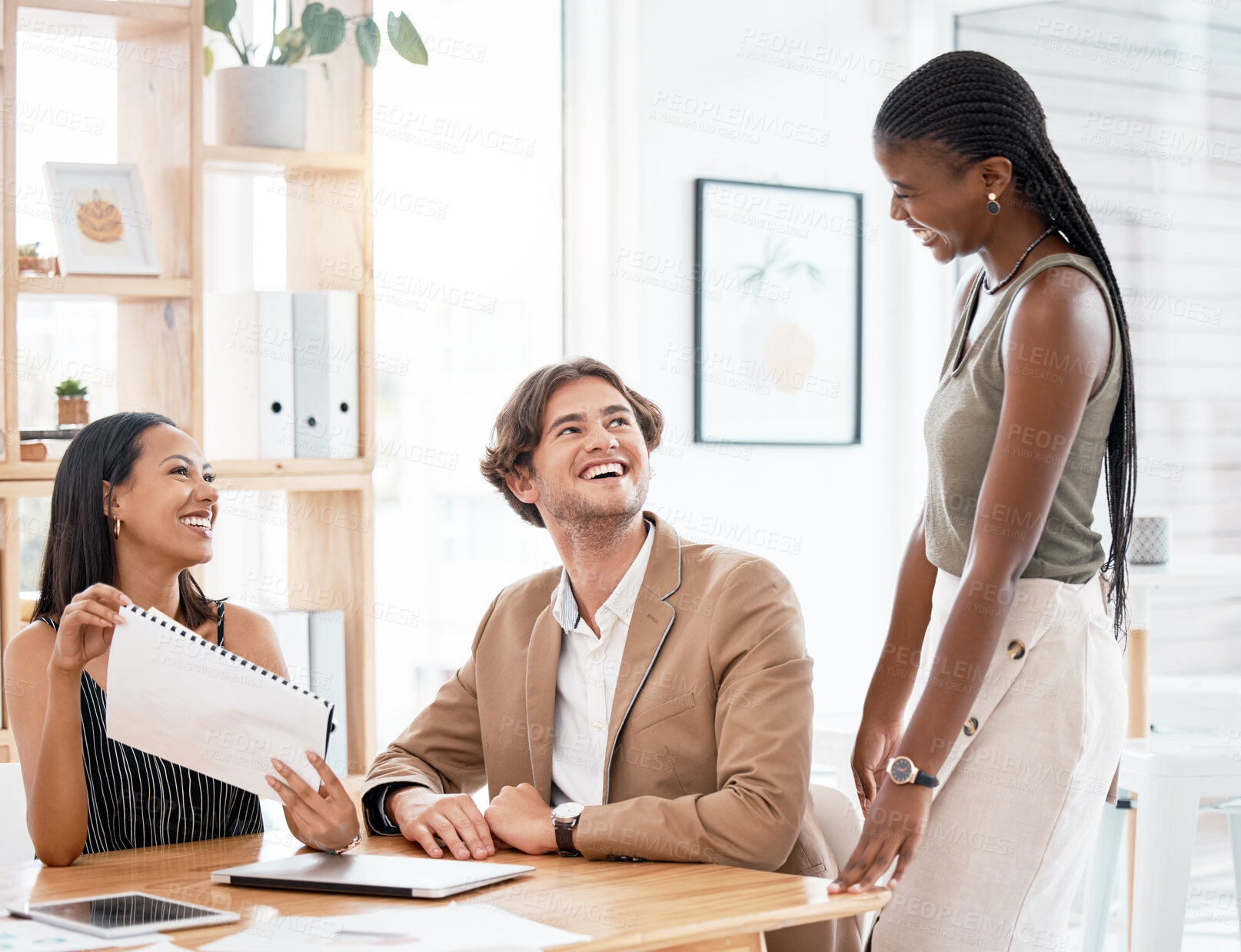 Buy stock photo Business people, meeting and teamwork collaboration with document, technology or target audience paper research, Smile, happy or excited black woman with creative workers for brand marketing planning