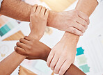Hands of business teamwork diversity, office collaboration and global company. Community partnership goal success, office meeting group trust and people in corporate workforce support staff together