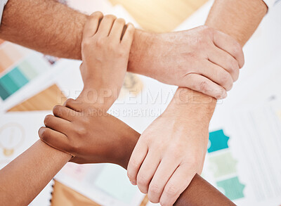 Buy stock photo Hands of business teamwork diversity, office collaboration and global company. Community partnership, goal success, office meeting group trust and people in corporate workforce support staff together