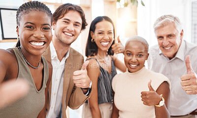 Buy stock photo Diversity business people and thumbs up selfie for success, trust and thank your sign for global social media portrait, smile and lens flare. Corporate group with like hands icon for happy career 