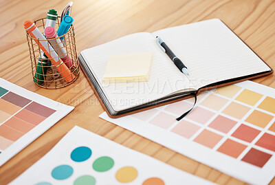Buy stock photo Notebook, color swatch and designer paper documents for design, marketing and advertising creative strategy on office desk. Zoom on book, infographic data chart for project or paint catalog 