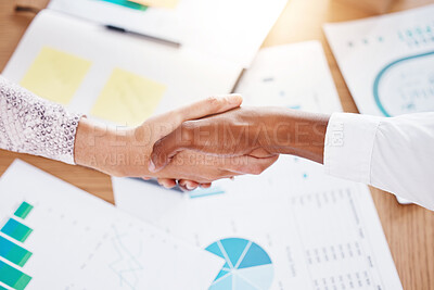 Buy stock photo Handshake, business deal and partners shaking hands after meeting and consulting about agreement, partnership and collaboration in office. Man and woman celebrate promotion and support in b2b success