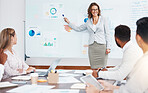 Business people, manager and presentation meeting for marketing showing company statistics, graphs and charts. Woman in leadership or management training employee staff in market data for growth plan