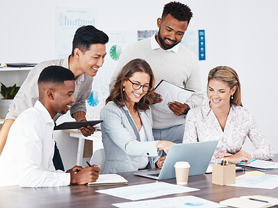 Buy stock photo Teamwork, collaboration and training with a woman leader, manager or CEO and her team in meeting for development. Teaching, coaching and learning with a group listening to their boss for growth