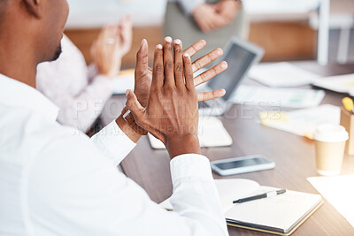Buy stock photo Black man hands, applause and business meeting in team seminar or workshop conference at the office. African hand clapping in teamwork collaboration at convention for support, idea and work success