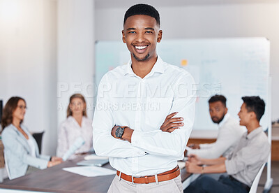 Buy stock photo African businessman smile, during meeting at work while staff talk at table in office or boardroom. Black man happy as corporate leader, workers have conversation or planning new strategy for company