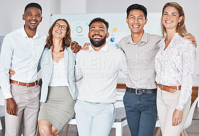 Buy stock photo Business people, diversity and teamwork collaboration with success, pride and motivation vision in marketing startup. Portrait, smile and happy men and women for about us in advertising office company