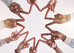 Peace sign, support and unity with business people in teamwork, collaboration and global company. Zoom on hands, diversity men and women in star gesture for trust, motivation goal or office community