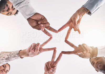 Buy stock photo Peace hands, collaboration group and motivation for support, solidarity and partnership together. Below of teamwork people making start emoji with fingers for trust, hope and commitment to vision