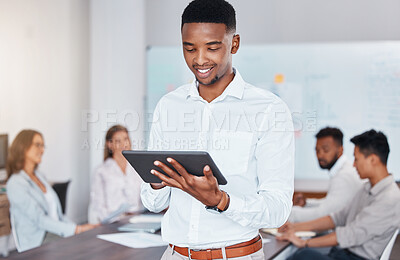 Buy stock photo Tablet planning, African manager and meeting with team in office at work, happy with design for website and strategy in email on the internet. African employee reading email on the web in seminar