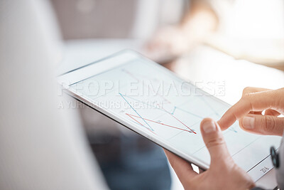 Buy stock photo Business hands, digital tablet graphs and finance analytics for stock market, global investment and ui data. Online statistics on screen app as financial review, economy research and trading analysis