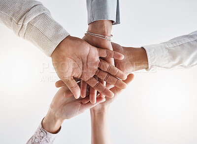 Buy stock photo Teamwork hands, partnership and collaboration support for winner, motivation and vision of goals. Below business group people connect in trust, success commitment and working for solidarity together