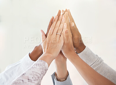 Buy stock photo Hands, teamwork high five and collaboration success after winning partnership in startup meeting. Winner team, trust and working in support on mission, vision or target goal motivation for business.
