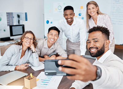 Buy stock photo Business team, selfie and teamwork during data analysis meeting with accounting people planning strategy and discussing growth report. Diversity, motivation and social media picture of men and women