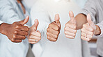 Thumbs up, diversity and a yes sign by business people in a startup company or successful marketing agency. Hands, collaboration and team of workers that approve of a global partnership and support