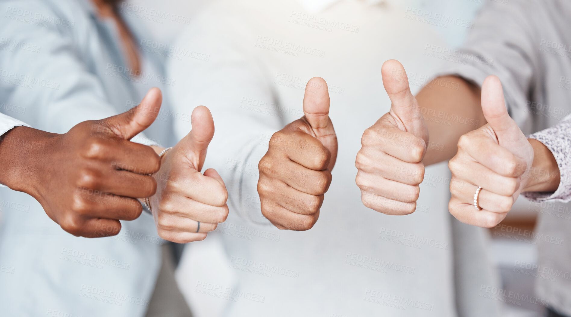 Buy stock photo Thumbs up, diversity and a yes sign by business people in a startup company or successful marketing agency. Hands, collaboration and team of workers that approve of a global partnership and support