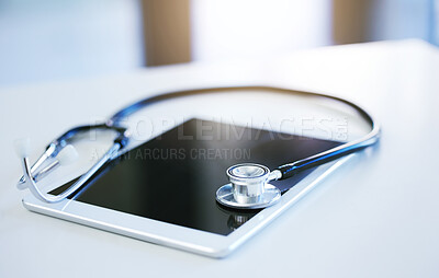 Buy stock photo Medical online app consultation, tablet technology and stethoscope in healthcare access service ux. Digital innovation, access to medicine doctor and mobile communication internet network connection
