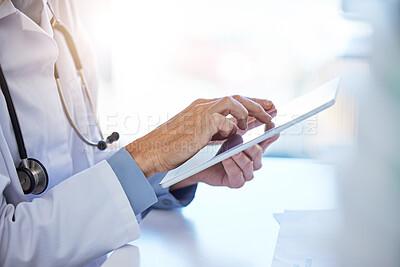 Buy stock photo Doctor tablet, hospital planning and consulting with people on the internet, reading clinic schedule and communication online at work. Healthcare nurse typing on technology while working as a medic 