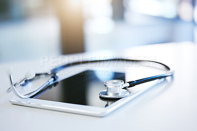 Buy stock photo Telehealth, stethoscope or tablet for consulting hospital healthcare, medicine help or medical wellness. Zoom on digital communication technology for insurance help, research analytics or support app