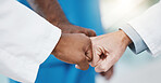 Fist bump hands, healthcare teamwork and group support for medical goals, collaboration and mission. Closeup doctor group motivation, partnership and success celebration for medicine solidarity trust