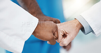 Buy stock photo Fist bump hands, healthcare teamwork and group support for medical goals, collaboration and mission. Closeup doctor group motivation, partnership and success celebration for medicine solidarity trust