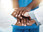 Hands, collaboration and diversity team of doctors together in partnership, support and teamwork. Solidarity of a medicine group of people, hospital nurse and medical healthcare worker or employee
