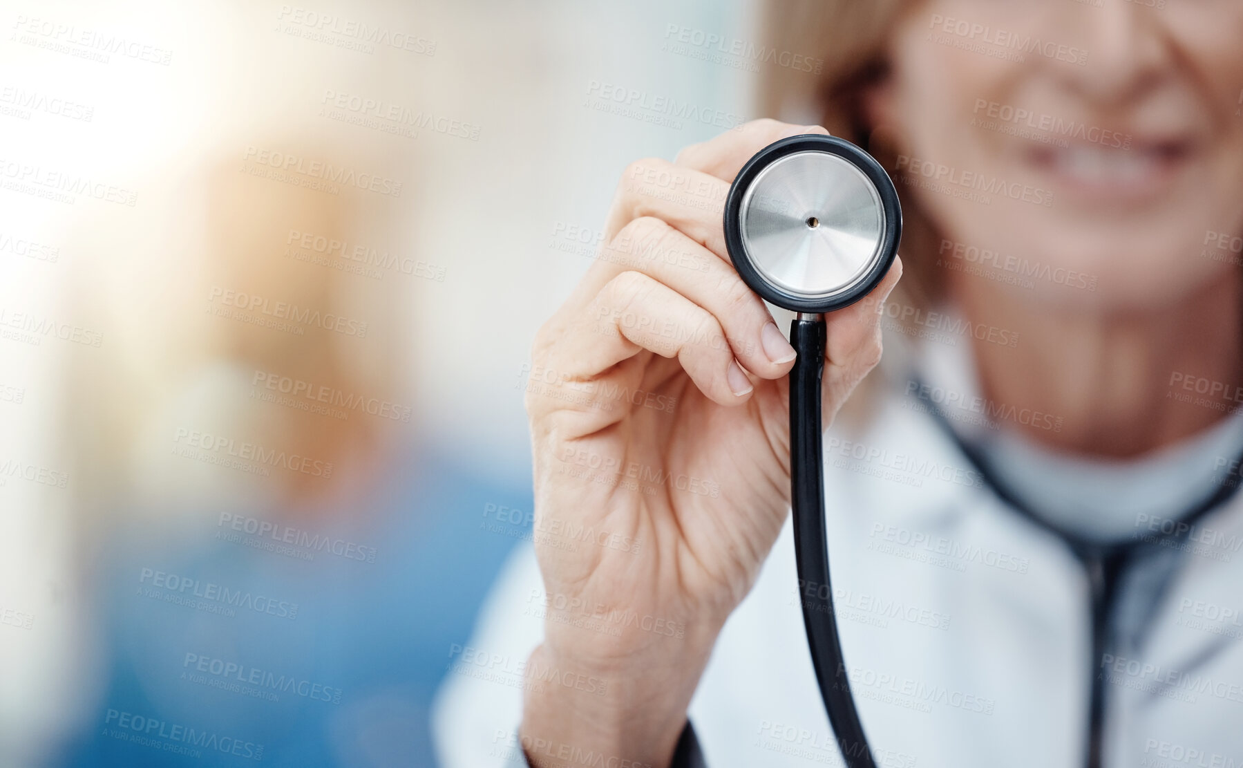 Buy stock photo Hand of professional doctor with stethoscope for medical healthcare lab test results in cardiology and medicine. Hospital innovation, research and consulting in pharmacy help with heart rate problem