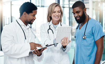 Buy stock photo Doctors, meeting and tablet for healthcare planning using information technology for medical development, talking about medicine. Healthcare team consulting about strategy and innovation in hospital