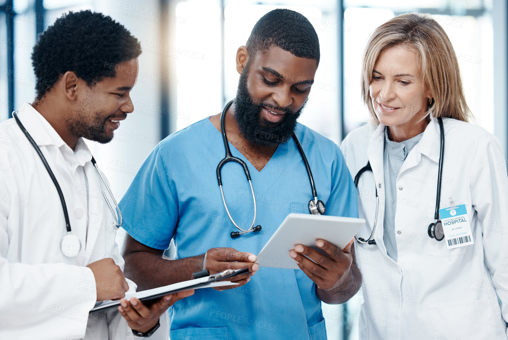 Buy stock photo Hospital teamwork, digital tablet and healthcare planning, medical analytics and wellness collaboration of doctors, nurse and surgeon in collaboration. Diversity clinic workers consulting online tech