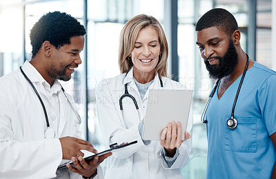 Buy stock photo Hospital teamwork, digital tablet and healthcare planning, research collaboration and clinic medicine support. Diversity doctors, wellness nurse and happy surgeon connect to online apps for analysis