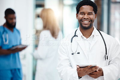 Buy stock photo Doctor, trust and Telehealth portrait with tablet for hospital software management, success and innovation. Medical insurance, technology and expert black man in healthcare happy with digital results