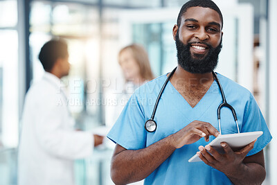 Buy stock photo Tablet, nurse and portrait of a black man with hospital software app for medical research, email report and digital data management. Healthcare doctor or expert for Telehealth or clinic innovation 