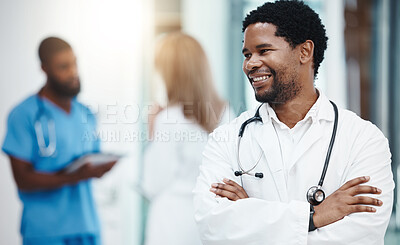 Buy stock photo Smile black man, happy healthcare doctor and hospital worker with motivation, trust and expert advice in clinic. Professional african medic, surgeon and medical therapist working with wellness vision
