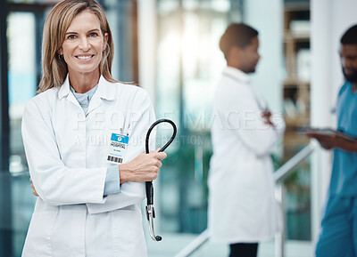 Buy stock photo Cardiology, stethoscope and proud doctor in portrait for medical wellness, trust and innovation with lens flare. Hospital executive healthcare worker woman smile for career motivation or heart health