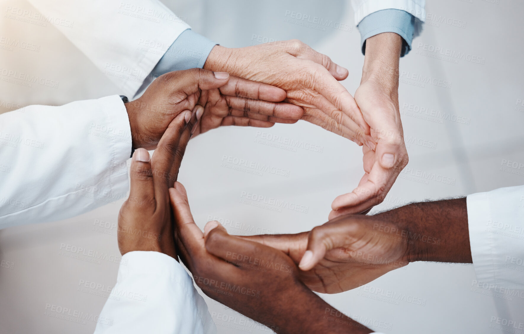 Buy stock photo Healthcare, teamwork and doctors hands in a circle for support, trust and diversity. Connection, collaboration and partnership in medicine. Success, hope and unity, group of medical workers together.
