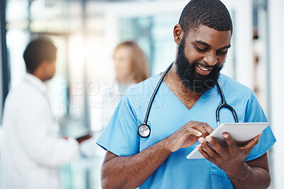 Buy stock photo Hospital nurse and man on tablet for medical news on science breakthrough with online app. Healthcare worker checking digital device for medicine research announcement  on social media.