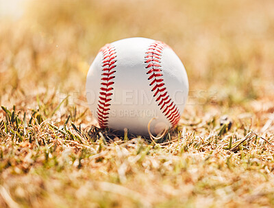 Buy stock photo Baseball, sports and sport field on grass in nature on a outdoor training court. White ball on the ground for exercise, cardio training and fitness workout of player and athlete team game in autumn