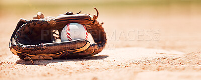 Buy stock photo Baseball field, softball and ball, glove and base plate on pitch ground, field and turf outdoors for competition, game or match. Background for sports homerun, strike and training contest equipment